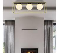 Lighting Collection 3 Light Flush Gold Box Frame And Opal Glass
