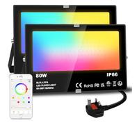 Lighting master LED Floodlight 80W Equivalent 8000LM, Smart RGB Flood Lights Outdoor with APP Control, Colour Changing + Warm White, Timing - Scene - Garden Lighting, IP66, UK Plug(2 Packs
