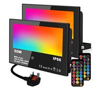 Lighting masters LED Floodlight Outdoor 50W, RGB Colour Changing Flood Lights with Remote Control，Timed, DIY Mode, Garden Lighting，IP66，UK 3-Plug (2 Pack)