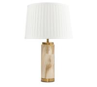 Lighting Supermarket Cream Marble Effect Cylinder Table Lamp with Pleated Fabric Shade, Brushed Gold Accents, E27 Bulb Fitting, 56cm Modern Decorative Bedside & Living Room Lamp with Inline Switch