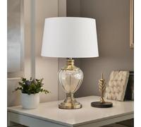 Lighting Supermarket Hepburn Large Amber Glass Table Lamp Antique Brass With Ivory Gold Linen Shade 58Cm