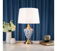 Lighting Supermarket Hepburn Large Ceramic Table Lamp Ivory Pleat Shade White Blue Antique Brass 58Cm