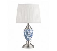Lighting Supermarket Malham Small Ceramic Table Lamp With Ivory Pleated Shade - Modern White, Blue & Silver
