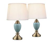 Lighting Supermarket Pair of Malham Small Touch Control Table Lamps with Ivory Pleated Shades - Blue & Antique Brass