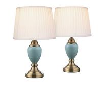 Lighting Supermarket Pair Of Malham Small Touch Control Table Lamps With Ivory Pleated Shades - Blue & Antique Brass