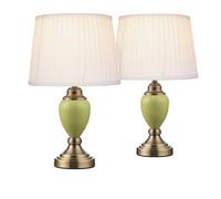 Lighting Supermarket Pair Of Malham Small Touch Control Table Lamps With Ivory Pleated Shades - Green & Antique Brass
