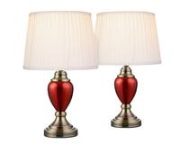 Lighting Supermarket Pair Of Malham Small Touch Control Table Lamps With Ivory Pleated Shades - Red & Antique Brass