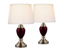 Lighting Supermarket Pair of Malham Small Touch Control Table Lamps with Ivory Pleated Shades - Red & Antique Brass