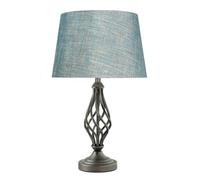 Lighting Supermarket Queenswood Traditional Barley Twist Table Lamp With Blue Gold Drum Shade - Pewter