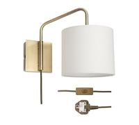 Lighting Supermarket Stratton Antique Brass Swing Arm Plug in Wall Light with Natural Linen Shade