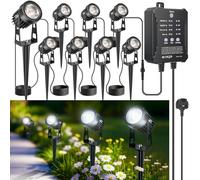 LightingWill Garden Lights Mains Powered with Timer and Photocell Sensor, 8 Pack LED Outdoor Spotlight, 5000K-6000K Cool White, IP65 Low Voltage Garden Lights for Lawn, Path, Patio, Driveway