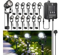 LightingWill Garden Lights Mains Powered with Timer & Photocell Sensor, Supports Extension Cable, 12 Pack LED Outdoor Spotlight, 5000K Cool White, IP65 Waterproof Low Voltage Garden Lights