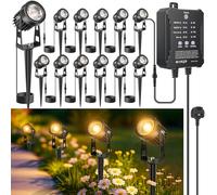 LightingWill Garden Lights Mains Powered with Timer & Photocell Sensor, Supports Extension Cable, 12 Pack LED Outdoor Spotlight, 3000K Warm White, IP65 Waterproof Low Voltage Garden Lights