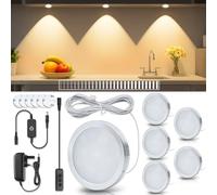 LightingWill LED Under Cabinet Puck Lights 6 Pack, 12V Plug-in Kitchen Lighting Kit, Touch Dimmable Cabinet Lights, 3000K Warm White Under Counter & Wardrobe Lighting with Smart Control and Adapter