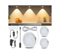 LightingWill LED Under Cabinet Puck Lights, Under Counter Lighting Kit, Dimmable Ultra Thin Closet Lights, DC 12V 3000K Warm White Kitchen Light with Smart Touch Dimmer &12W Power Adapter (3Pack)