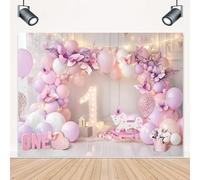 LIGHTINHOME Girl 1st Birthday Backdrop 8Wx6H Feet for Purple Pink Princess Balloons Lights Butterfly First Bday Photography Background Decorations Photo Booth Studio Prop Fabric
