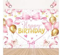 LIGHTINHOME Happy Birthday Backdrop 7Wx5H Feet for Girly Pink Bow Bownot Golden Balloon Princess Sweet Child Women Modern Party Photography Background Decorations Photo Booth Studio Prop Fabric