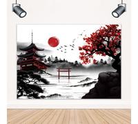 LIGHTINHOME Japanese Cherry Blossom Backdrop 7Wx5H Feet for Black Red Asian Anime Watercolor Floral Chinese Mountain Sun Scenery Retro Photography Background Decorations Photo Booth Studio Prop Fabric