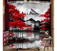 LIGHTINHOME Japanese Cherry Blossom Shower Curtain 60Wx72H Inches Black Red Asian Mountain Lake Vintage Anime Nature Woodland Cloth Fabric Waterproof Polyester Bathroom Home Decor Set with Hooks