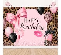 LIGHTINHOME Leopard Happy Birthday Backdrop 7Wx5H Feet for Pink Brown Wild Banner Safari Cheetah Fur Celebration Balloon Bow Photography Background Decorations Photo Booth Studio Prop Fabric