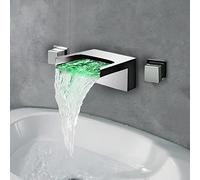 LightInTheBox LED Light Waterfall Wall Mounted Bathroom Sink Faucet Temperature Sensor Color Changing, 2 Handles 3 Holes for Lavatory Basin Mixer Taps, Chrome Finish Solid Brass Modern Bathtub Decor
