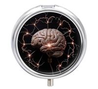 Lightning and Brain Pill Box - 3 Compartment, Round Metal Pill Case with Mirror, Portable Medicine Holder for Purse/Wallet/Travel