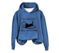 Lightning Deals of The Day Prime Women Hoodies Coffee Cat And Book Print Sweatshirts Hooded Solid Solor Loose Fit Blouse Tops 2024 Fall Warm Thick Long Women's Jumpers Sale
