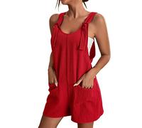 Lightning Deals of The Day Prime Women's Tie Shoulder Overall Shorts Scoop Neck Plus Size Solid Color Summer Casual Wide Leg Romper with Pocket Pocket Short Sleeve Adjustable Jumpsuit UK Red
