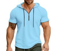 Lightning Deals of The Day Today Sale Summer Clothes for Men Men's Summer Hooded Sports American Zipper Solid Color Shirt Smart Casual T Shirts for Men UK Fashion Clothes Big and Tall Mens Tops Blue