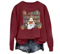 Lightning Deals of The Day Today Sale Womens Halloween Sweatshirt Halloween Sweatshirt Women: Reading Books Shirt Cute Halloween Teacher Sweatshirt Reading Shirt (Wine, L)