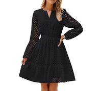 Lightning Deals of The Day Today Sale Womens Summer Dress Women's 2025 Long Sleeve Dress Fall V Neck Hollow Out Eyelet Embroidery Ruffle A Line Swing Short Dressy for Womens UK Elegant Black