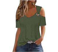 Lightning Deals of Today Sexy Cold Shoulder Tops for Women UK Casual Ladies Eyelet Tops Trendy Solid Basic Womens Tops Blouses Workout Vacation Tunic Blouses Short Sleeve Cotton Tshirts