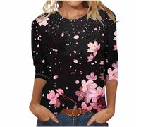 Lightning Deals of Today Womens Summer Tops Dressy Casual Crewneck Cute Floral Print Ladies Shirts Trendy 3/4 Sleeve Shirts for Women UK Workout Tunic Blouse Womens Tops Blouses Cotton Tshirts