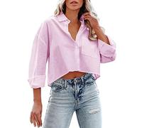 Lightning Deals Oversized T-Shirt Women Button Down Cropped Shirts Long Sleeve Casual Crop Tops Solid Lapel Blouse Shirt With Chest Prime Exclusive Pink