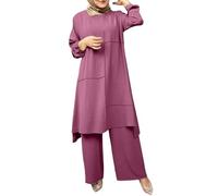 Lightning Deals Today Cocila Muslim Dress Women's New Round Neck Gown Solid Color Long Sleeve Casual Loose Dress Tank Top and Loose Pant Cotton Comfortable and Breathable Muslim Clearance Bargains