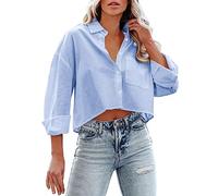 Lightning Deals Today Oversized T Shirt Women Button Down Cropped Shirts Long Sleeve Casual Crop Tops Solid Lapel Blouse Shirt with Chest Daily Deals of The Day Blue