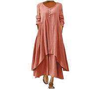 Lightning Deals Today Prime Cotton Linen Dresses Women Plus Size 3/4 Sleeve Maxi Dress Beach Holiday Plain Loose Fit Long Dress Indian Vintage Button V Neck Dress Ladies Elegant Baggy Tunic Dresses