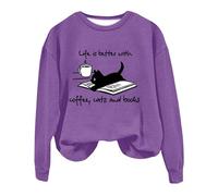Lightning Deals Today Sweatshirts for Women UK Oversized Coffee Cat And Book Print Women's Hooded Sweatshirt Crew Neck Pullover Fun for Women Sale Clearance (Purple, S)