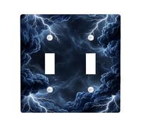 Lightning Double Light Switch Cover Plate, Dramatic Mystical Clouds Stars Winter Black Plastic Standard Size Switch Plate Decorative for Bedroom Bathroom Kitchen Entrance Decor