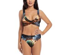 Lightning Fever Tennis Print Women's Waisted Bikini Sets V Neck Two Piece Swimsuit for Beach & Pool, Black, S