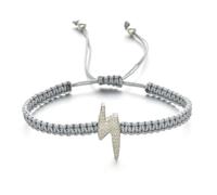 Lightning Metallic Bolt Charm Rope Bracelet in Silver, Gold, Black, Rose Gold, Bold Jewellery Cute Gifts, Womens Petite, Fashion Design Gift Costume Jewellery (Silver)