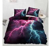 Lightning Neon Bedding Set Double SizePink and Blue Art 3 Piece Duvet Cover Set Colorful Lightning Printed Pattern Bed Set with Zipper Closure,Ties