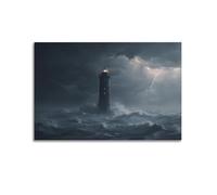 Lightning Storm Ocean Wave Lighthouse Wall Art, Black And White Seascape Canvas Poster for Home Decor 08x12inch(20x30cm)