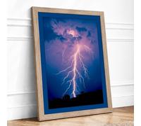Lightning Strike at Night Modern Framed Wall Art Print A4 (29.7×21cm) Oak, Wall Decor for Living Room, Bedroom, Office & Home, Ready to Hang, Art Gift