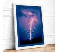 Lightning Strike at Night Modern Framed Wall Art Print A4 (29.7×21cm) White, Wall Decor for Living Room, Bedroom, Office & Home, Ready to Hang, Art Gift
