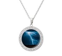 Lightning Strikes Thunderstorms Diamond Necklace for Women Alloy 19.7" Cable Chain 1.3" Round Pendant Necklaces Romantic Memorial Necklace for Couple Friendship Daily Wear Valentines Jewelry Gifts