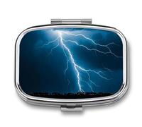 Lightning Strikes Thunderstorms Pill Box with 2 Compartments, Portable Pill Organizer for Pocket or Purse, Decorative Metal Medicine and Vitamins Organizer