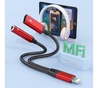 Lightning to 3.5mm Headphone Jack Adapter,【Apple MFi Certified】 2-in-1 iPhone to 3.5mm Headphone Audio Jack and Charger Cable, iPhone Aux Splitter Support Music+Charge+Control for i Phone 14/13,Red