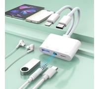 Lightning + USB C to Aux Audio Headphone Jack Adapter,Multi USB OTG Camera Adapter+3.5mm Earphone Jack+Type-C Earphone/Charge Port,Phone Splitter for iPhone 15/14/13,Samsung,iPad,Huawei,Flash Drive