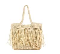 Lightolife Fringed Natural Straw Beach Hobo Tote Bag with Zipper for Women, Beige, M